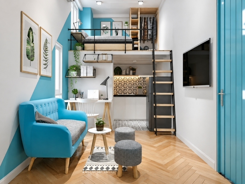 Phòng khách nhà phố bố trí sofa nỉ màu xanh áp sát tường kết hợp tivi treo và gác lửng phía trên