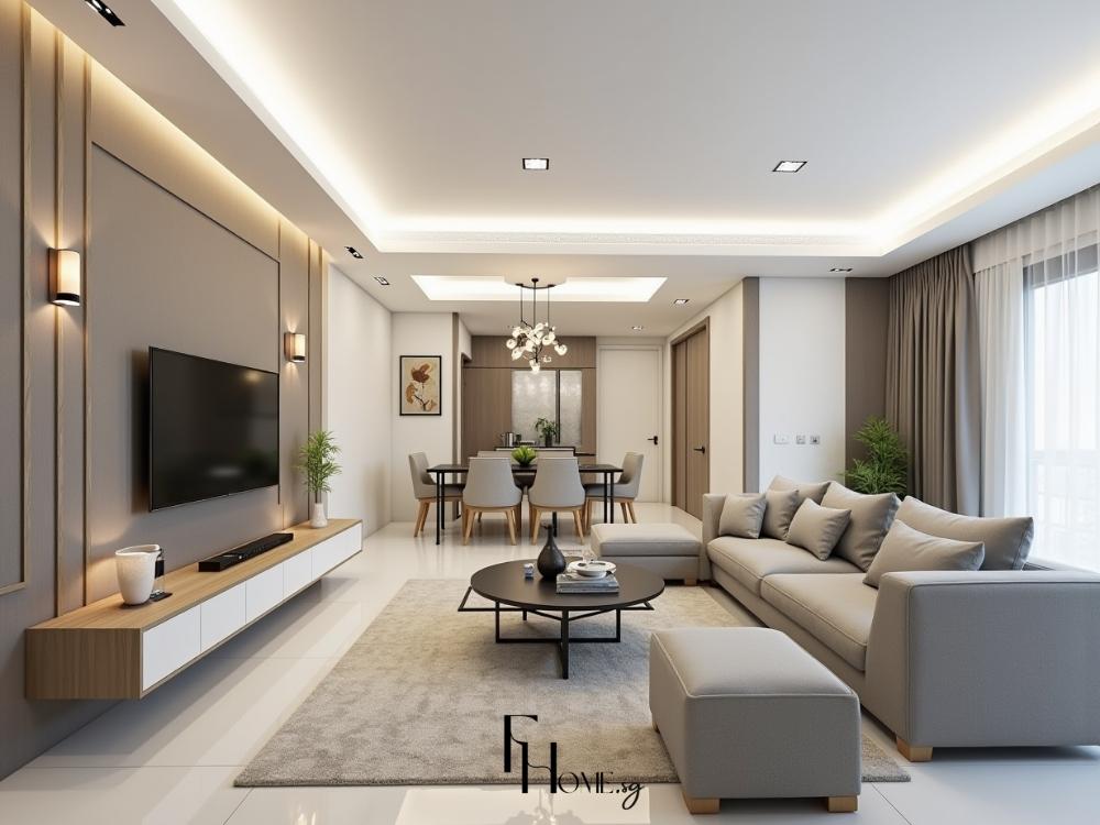 Phòng khách nhà phố được bố trí khoa học, với sofa và kệ tivi treo tường tối ưu diện tích