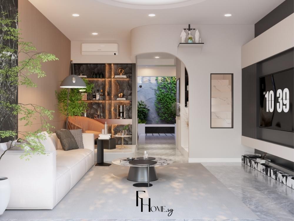 Phòng khách nhà phố hiện đại với tông màu trắng chủ đạo