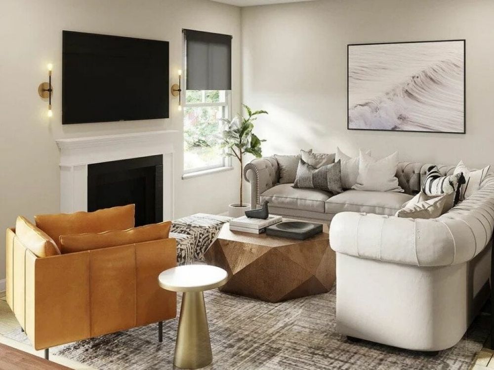 Phòng khách nhà phố nhỏ thiết kế Contemporary với sofa tông màu xám