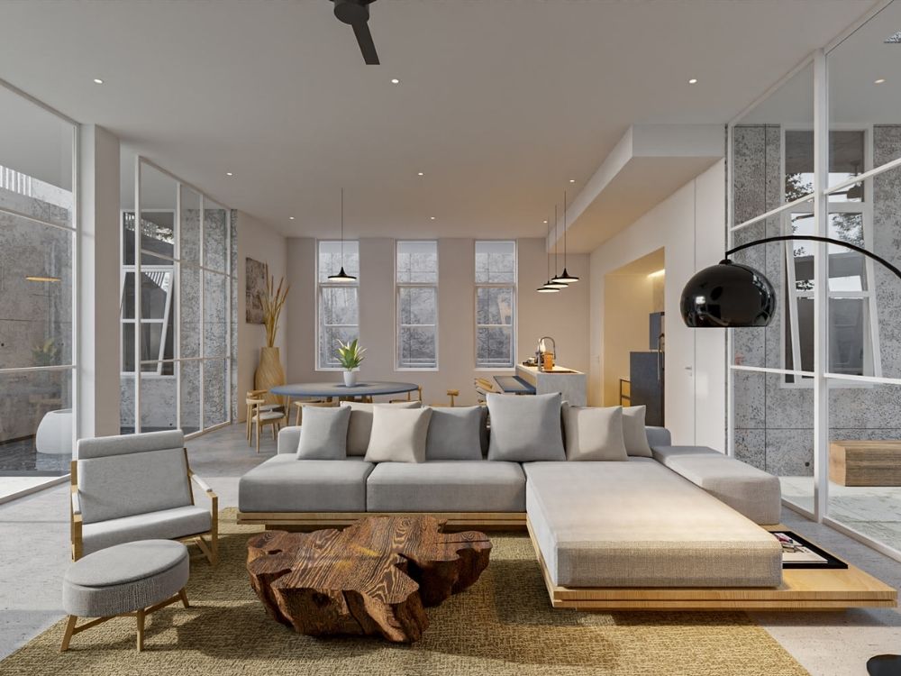 Phòng khách nhà phố nhỏ thiết kế Scandinavian với sofa gỗ sáng màu, thảm lông thú nhân tạo và ánh sáng vàng dịu