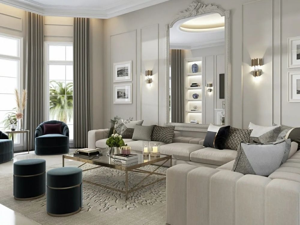 Phòng khách nhà phố nhỏ thiết kế Tân Cổ Điển với ghế bọc da, bàn đá cẩm thạch nhỏ, chi tiết mạ vàng