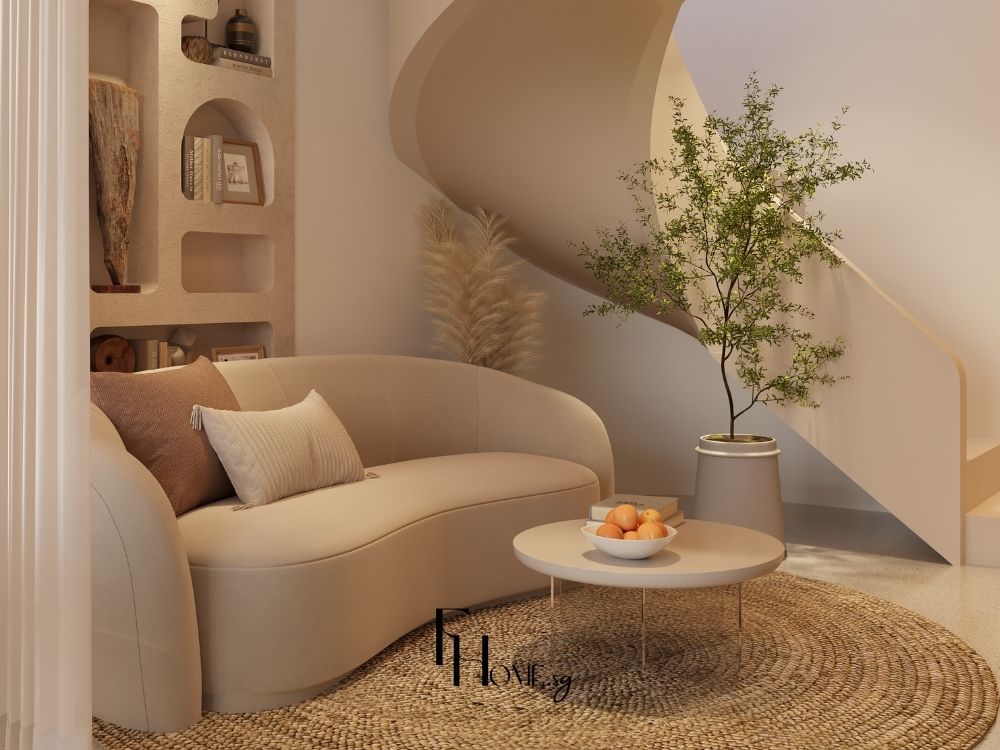 Phòng khách nhà phố nhỏ thiết kế Wabi Sabi với nội thất gỗ thô