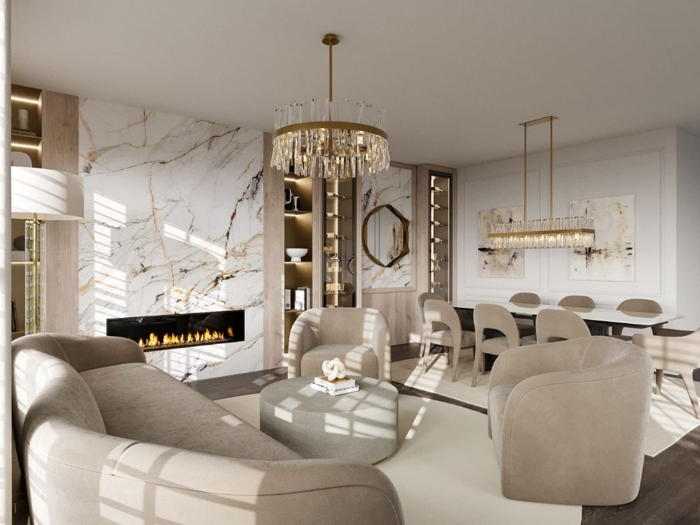 Phòng khách nhà phố nhỏ thiết kế hiện đại với nội thất tối giản màu xám chủ đạo