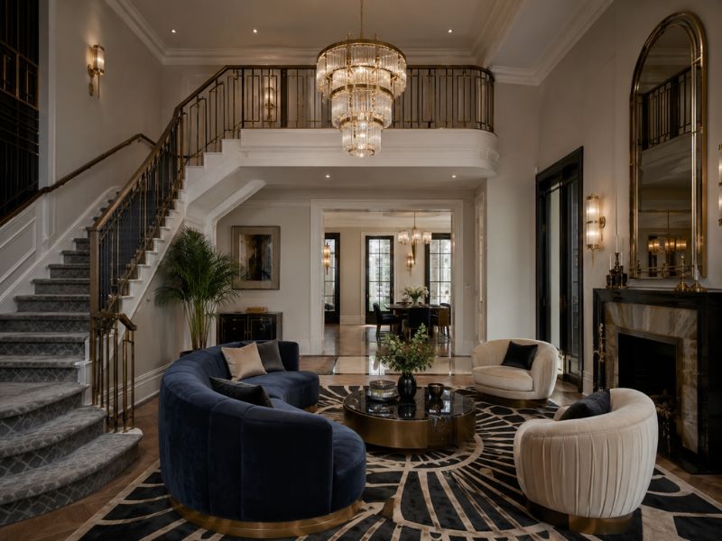 Phòng khách nhà phố phong cách Art Deco với cầu thang lớn, sofa bo cong màu xanh đậm, bàn trà tròn và đèn chùm pha lê trong không gian thông tầng