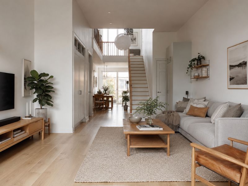 Phòng khách nhà phố phong cách Bắc Âu với trần cao, sofa vải sáng màu, bàn trà gỗ và lối bố trí tối giản gần gũi