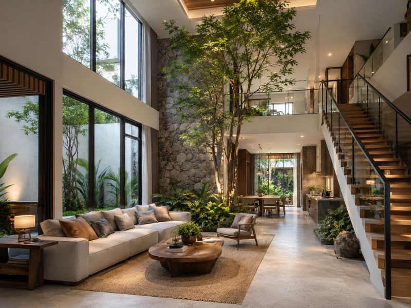 Phòng khách nhà phố phong cách Biophilic với trần cao, cây xanh lớn trong nhà, cầu thang kính và không gian liên thông bếp ăn phía sau