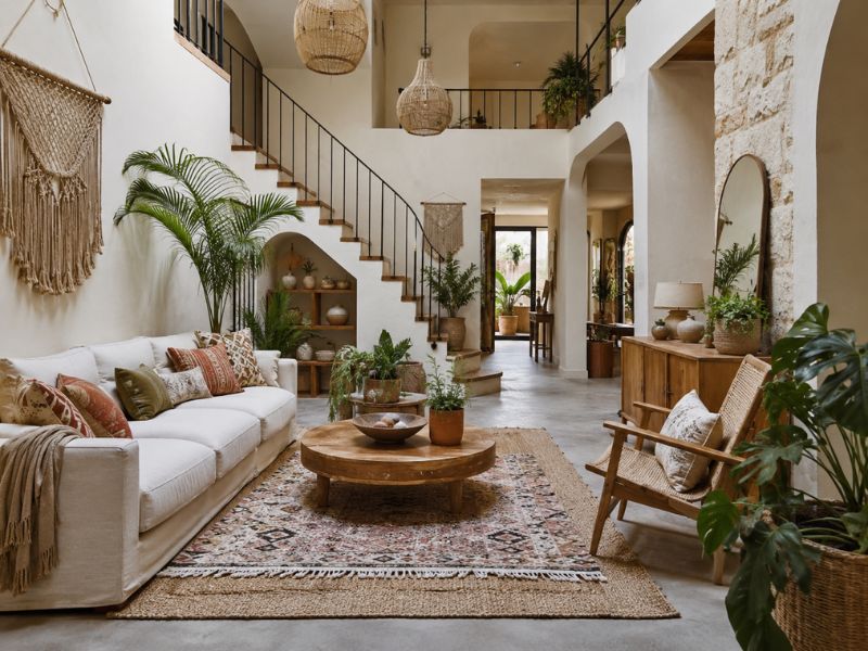 Phòng khách nhà phố phong cách Bohemian với trần cao, cầu thang sắt đen, sofa sáng màu, bàn trà tròn gỗ và nhiều cây xanh trang trí