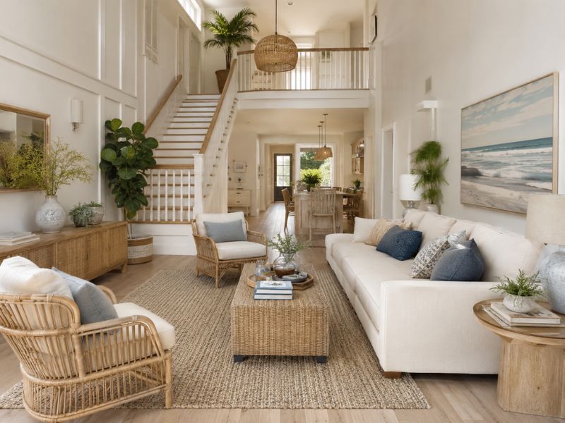Phòng khách nhà phố phong cách Coastal với trần cao, cầu thang trắng, sofa sáng màu, ghế mây và tranh biển treo tường