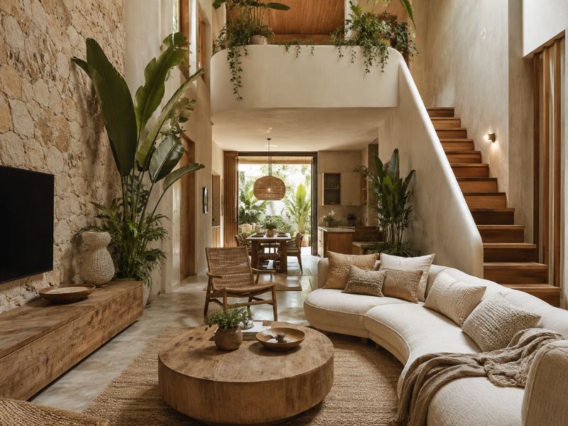 Phòng khách nhà phố phong cách Eco Organic với sofa bo tròn, bàn trà gỗ, tường đá thô, cầu thang gỗ và cây xanh trong nhà