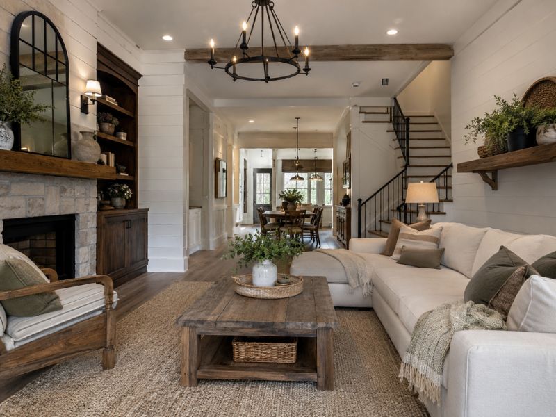 Phòng khách nhà phố phong cách Farmhouse với sofa chữ L sáng màu, lò sưởi ốp đá, trần dầm gỗ và cầu thang sắt đen phía sau