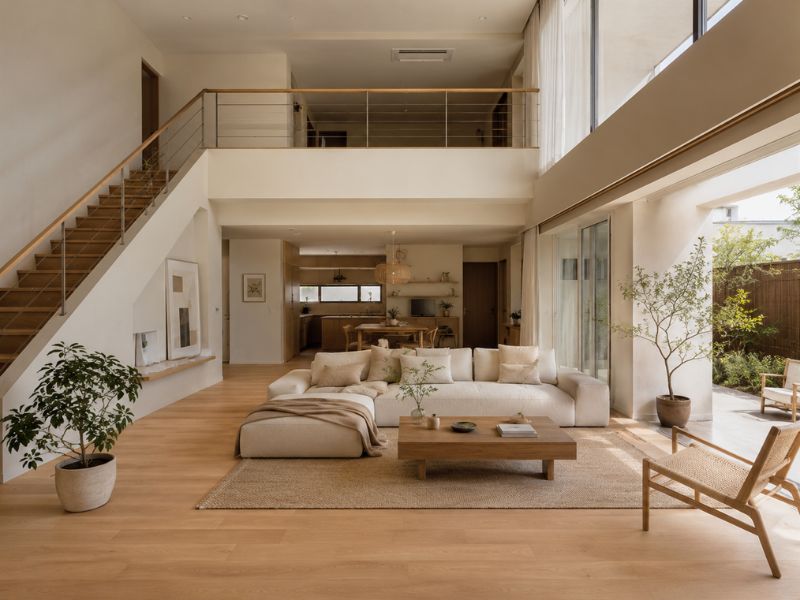 Phòng khách nhà phố phong cách Hàn Quốc với sofa trắng kem, bàn trà gỗ thấp, trần cao và không gian mở nhiều ánh sáng