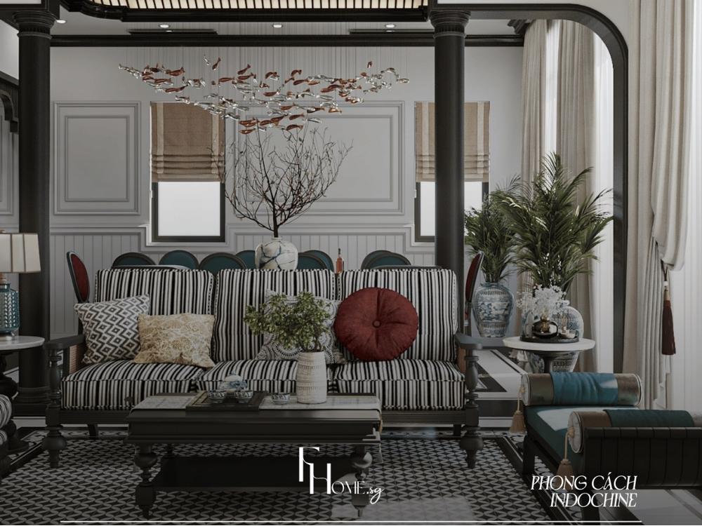 Phòng khách nhà phố phong cách Indochine với vật liệu gỗ quý và các chi tiết tre, mây, màu sắc vàng kem