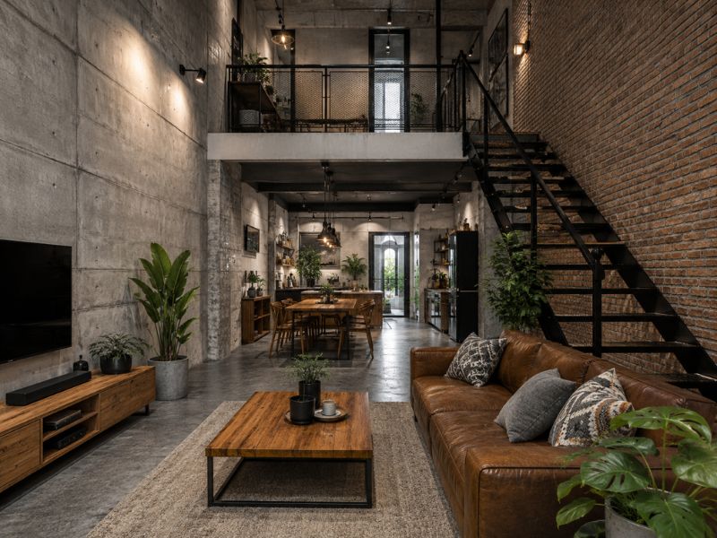 Phòng khách nhà phố phong cách Industrial với trần cao, cầu thang sắt, tường bê tông, tường gạch thô và sofa da nâu