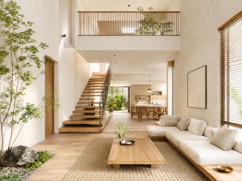 Phòng khách nhà phố phong cách Japandi với trần cao, cầu thang gỗ, sofa thấp và nhiều ánh sáng tự nhiên