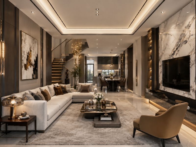 Phòng khách nhà phố phong cách Luxury với trần cao, sofa lớn, bàn trà đá, tường ốp đá và không gian liên thông bếp ăn
