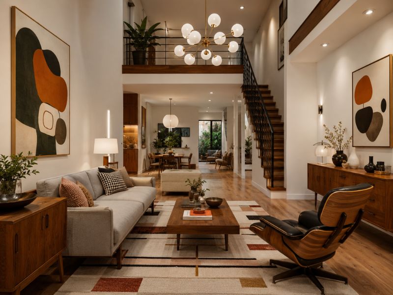 Phòng khách nhà phố phong cách Mid-Century Modern với sofa sáng màu, ghế lounge gỗ uốn, bàn trà chữ nhật và đèn chùm thả nhiều bóng tròn