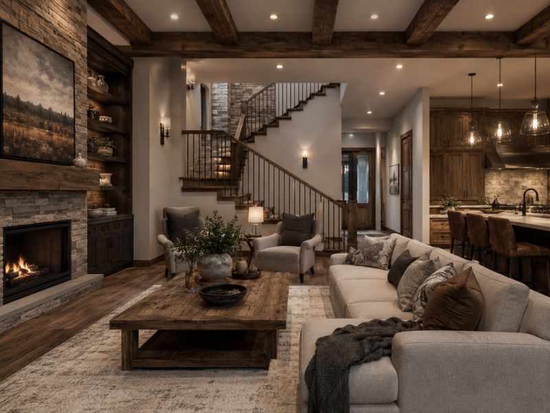 Phòng khách nhà phố phong cách Rustic với lò sưởi, trần dầm gỗ, sofa sáng màu, bàn trà gỗ lớn và cầu thang sắt kết hợp gỗ