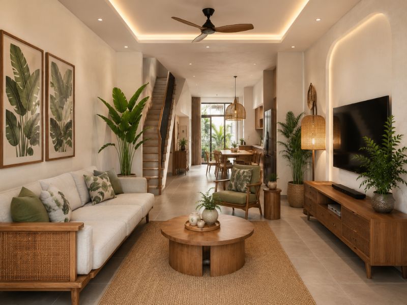 Phòng khách nhà phố phong cách Tropical Modern với sofa sáng màu, bàn trà gỗ tròn, cây xanh lớn và không gian liên thông bếp ăn