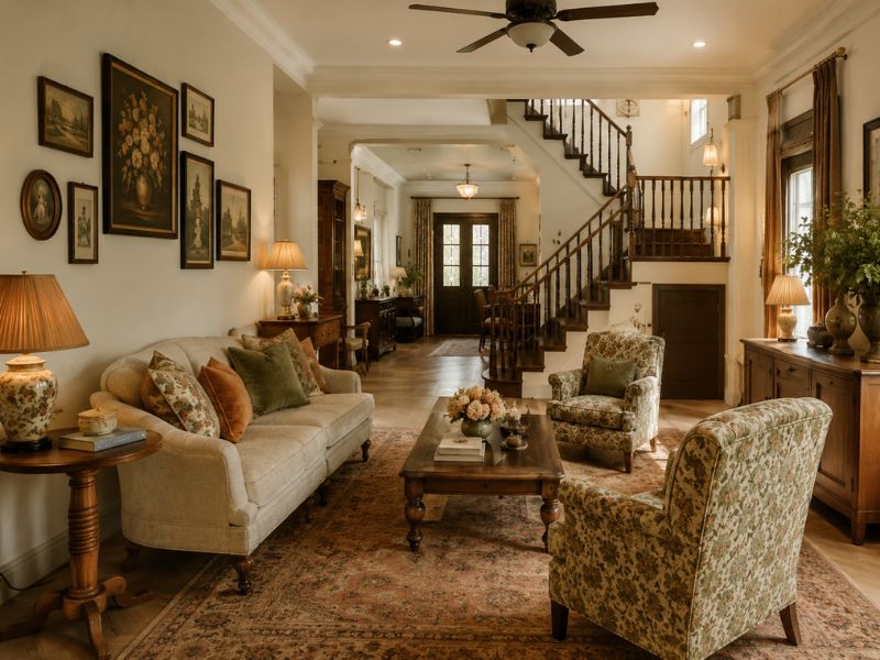 Phòng khách nhà phố phong cách Vintage với sofa vải, ghế bành họa tiết hoa, bàn trà gỗ, tranh treo tường và cầu thang gỗ phía sau