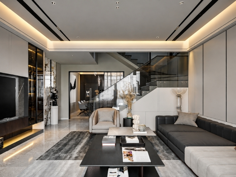 Phòng khách nhà phố phong cách hiện đại với sofa góc da than chì và lan can kính