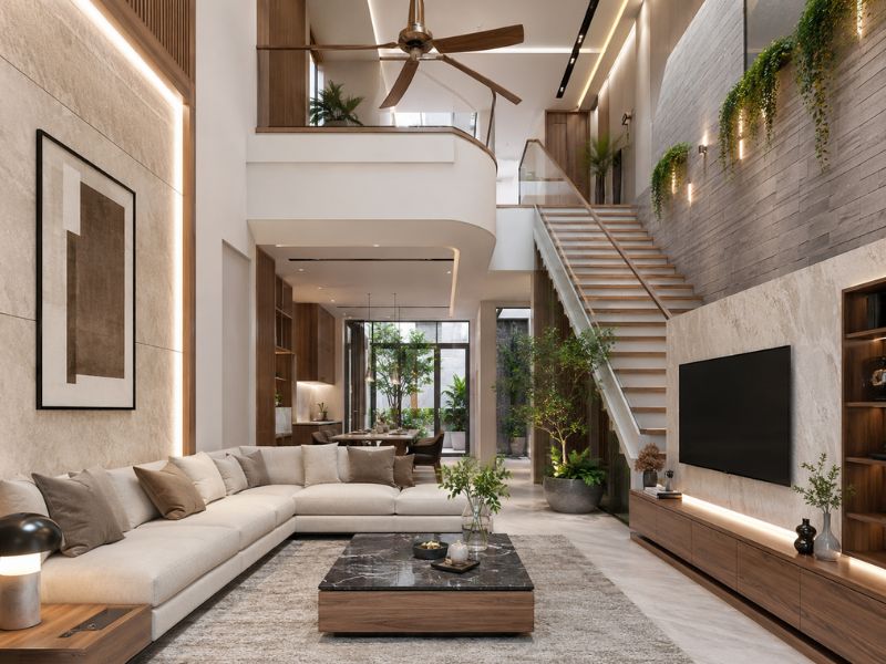 Phòng khách nhà phố phong cách hiện đại với trần cao, cầu thang nổi, sofa lớn và mảng xanh trong nhà