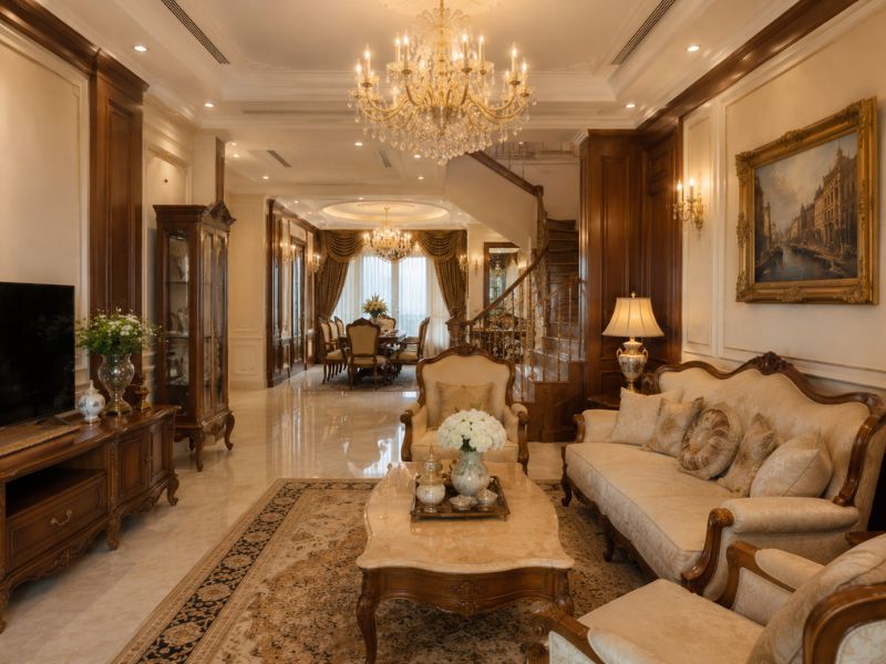 Phòng khách nhà phố phong cách thiết kế nội thất cổ điển với sofa gỗ bọc nệm, bàn trà mặt đá và không gian liên thông cầu thang