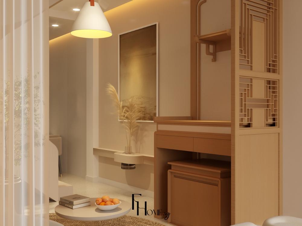 Phòng khách nhà phố phong cách wabi sabi được thiết kế với tông màu nâu, kem, be đặc trưng