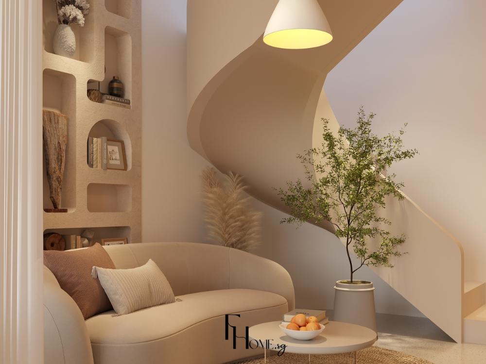 Phòng khách nhà phố phong cách wabi sabi với thiết kế nội thất và cầu thang theo các khối mềm mại