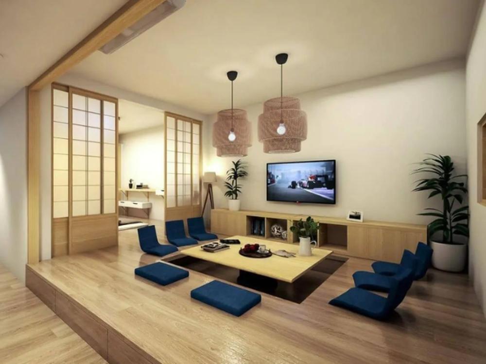 Phòng khách nhà phố theo phong cách Nhật Bản với ghế bệt tựa và bàn trà thấp