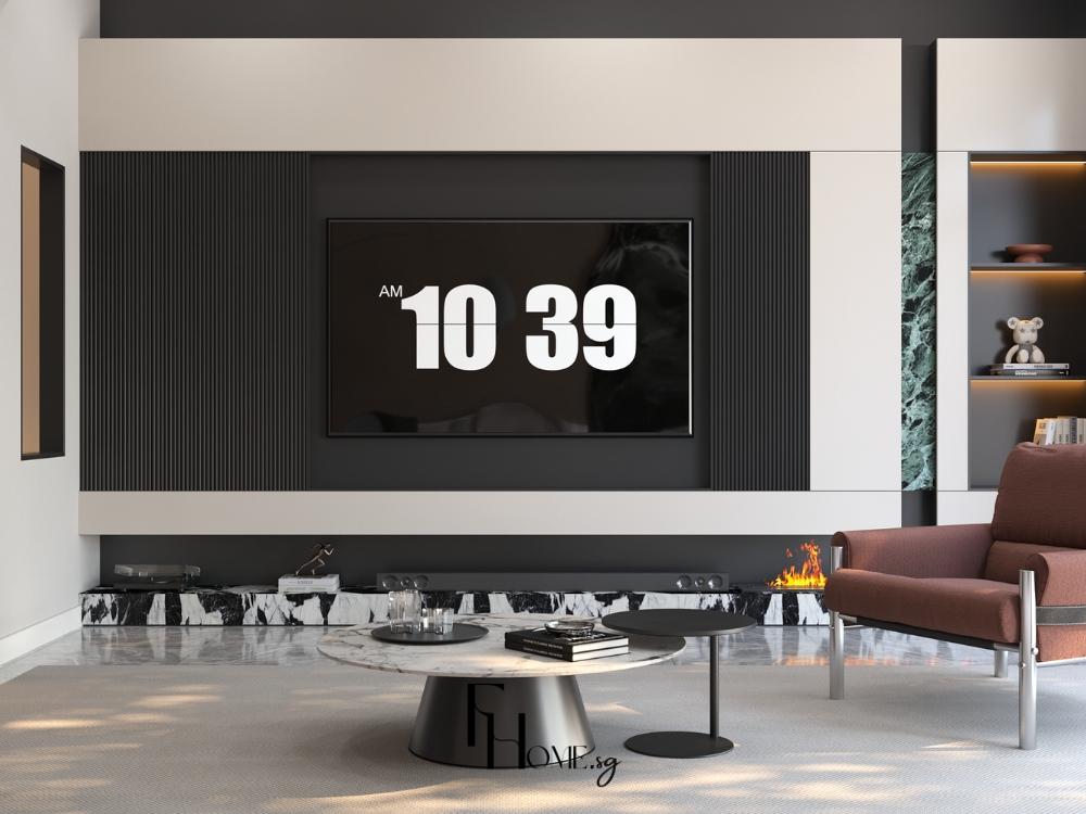 Phòng khách nhà phố tối giản với gam màu trắng - xám