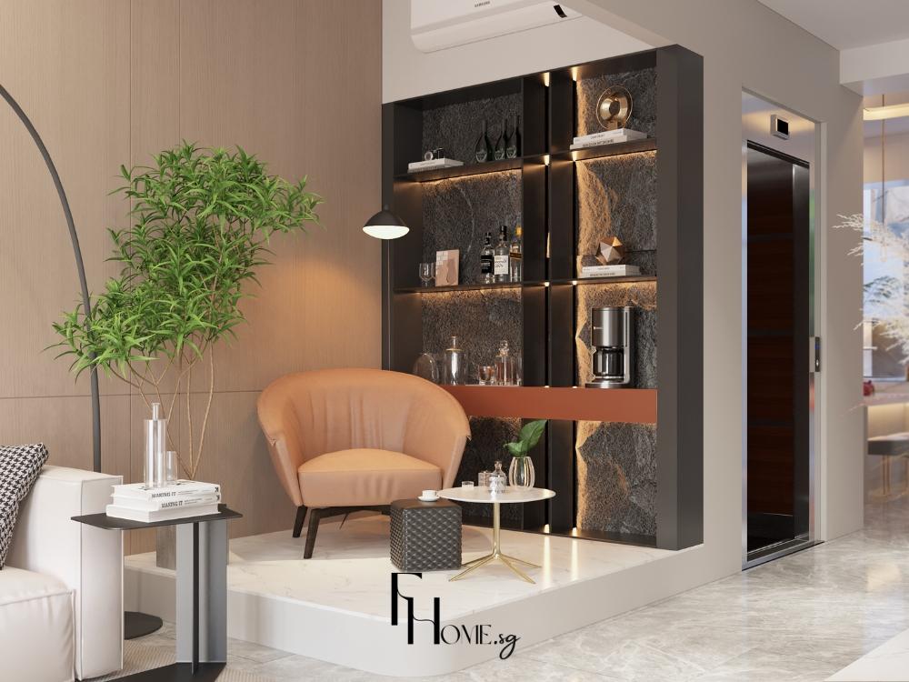 Phòng khách nhà phố vơi góc thư giãn 