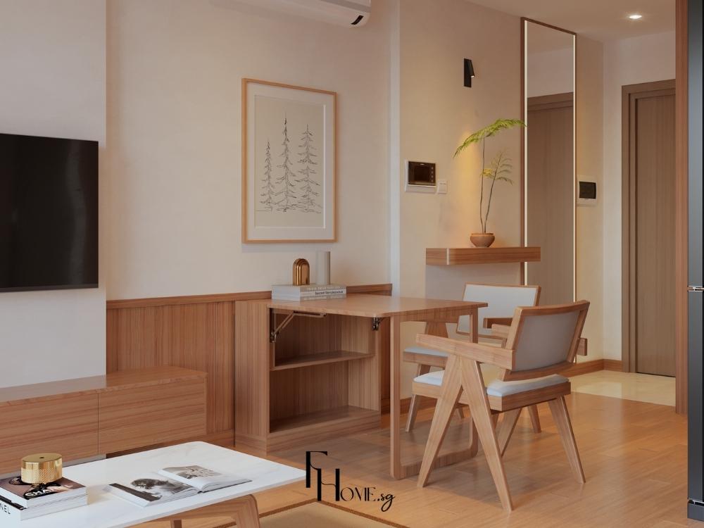 Phòng khách nhỏ phong cách Nhật với kệ âm tường và bàn gập, bố cục thông minh giúp tối ưu diện tích