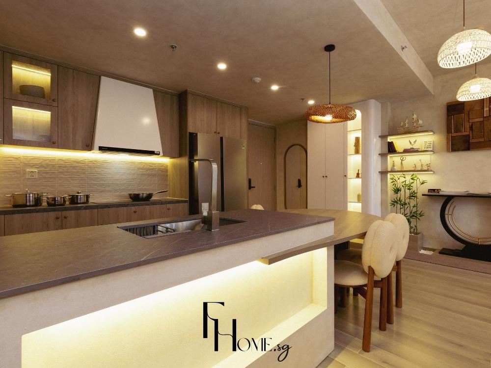 Phòng bếp nhỏ phong cách Wabi sabi - Chung Cư 2 Phòng Ngủ 80m² vởi thiết kế đảo bếp thông mình