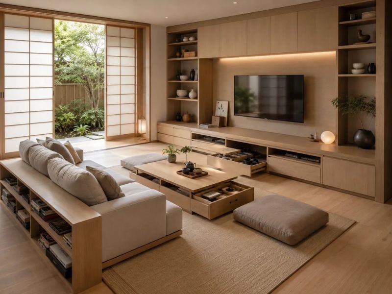 Phòng khách nội thất phong cách Nhật Bản sofa thấp bàn trà gỗ tích hợp ngăn kéo