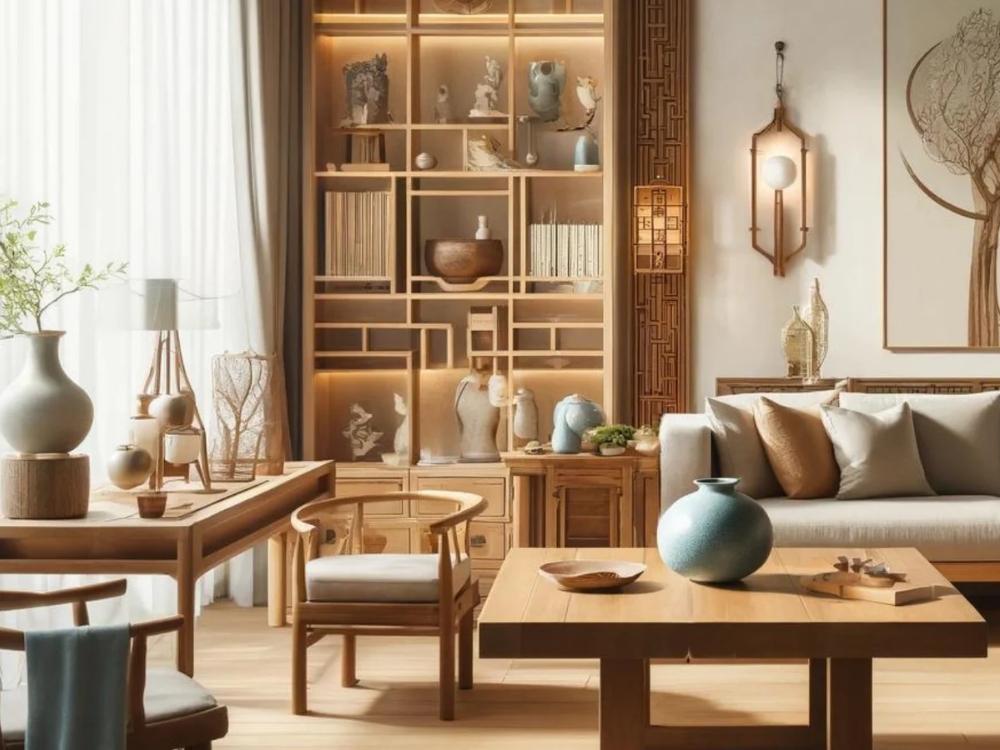 Phòng khách phong cách Á Đông với gỗ quý và biểu tượng phong thủy, tạo không gian trang nghiêm, ấm cúng và giàu ý nghĩa tâm linh