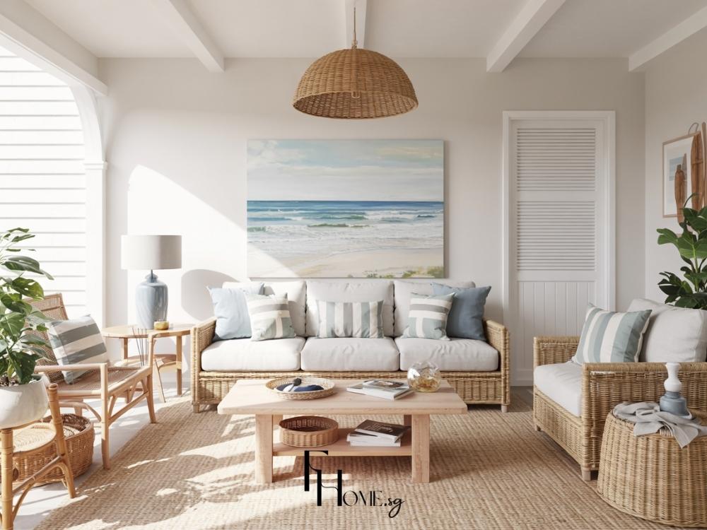 Phòng khách phong cách Coastal mang hơi thở biển cả với gam màu xanh, trắng và be nhẹ nhàng