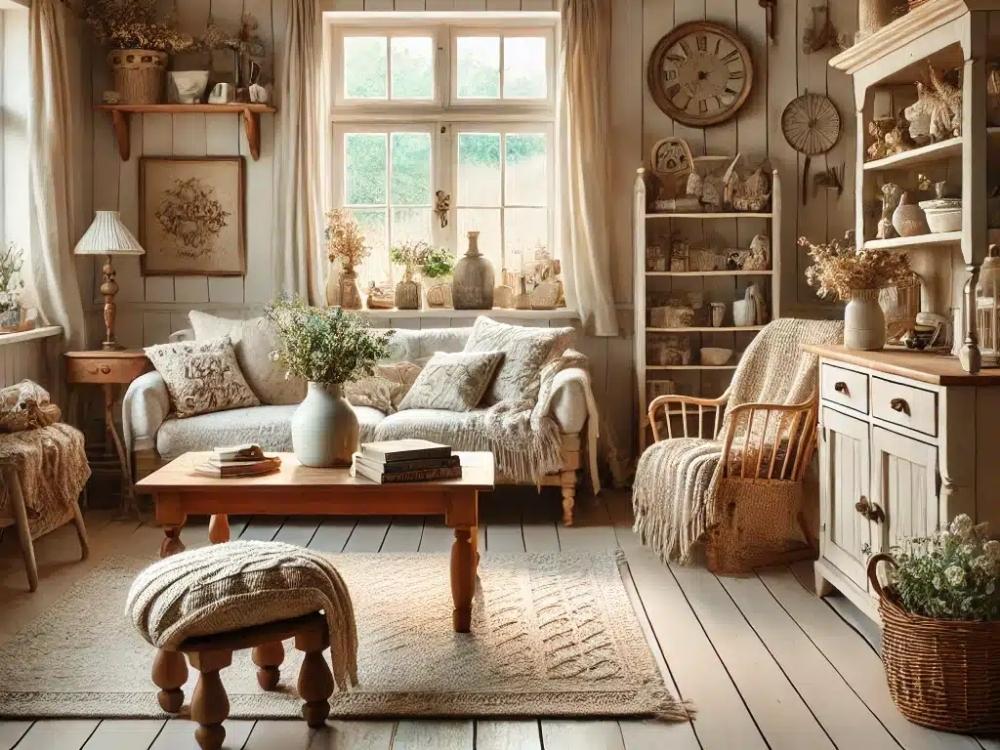 Phòng khách phong cách Cottagecore với nội thất thủ công và tông màu pastel, tạo không gian ấm áp