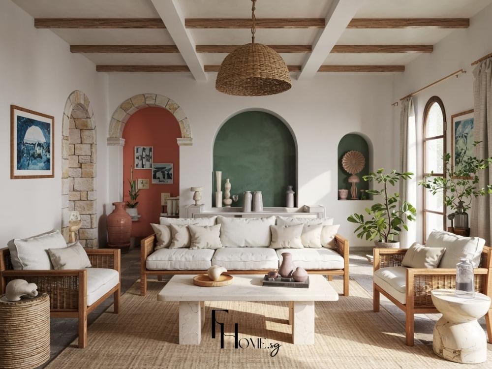 Phòng khách phong cách Địa Trung Hải mang hơi thở biển khơi với gam màu xanh, đất nung và chất liệu tự nhiên