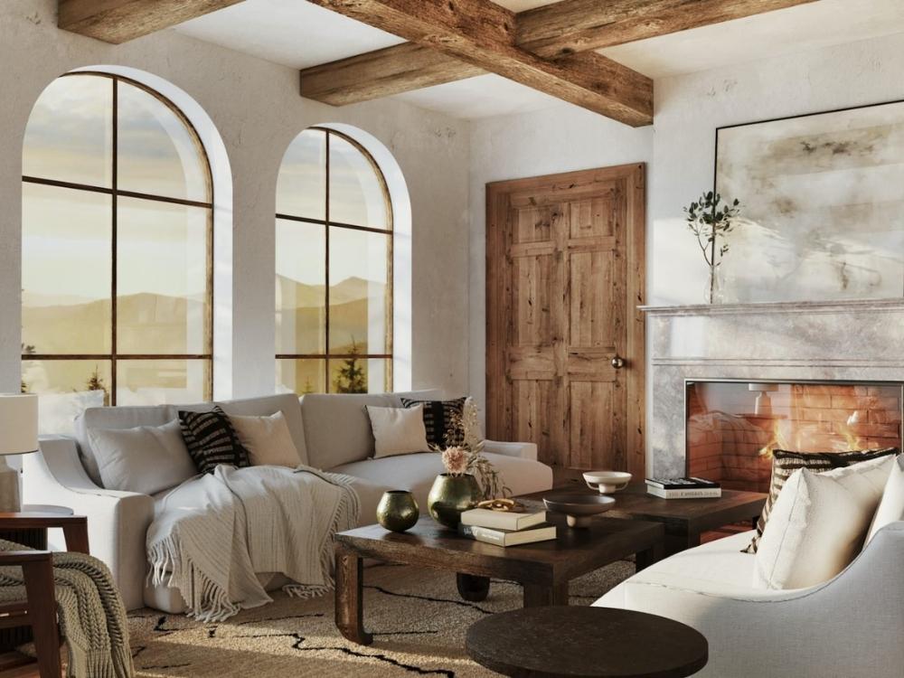 Phòng khách phong cách Địa Trung Hải với sofa vải trắng và sàn gỗ sáng màu