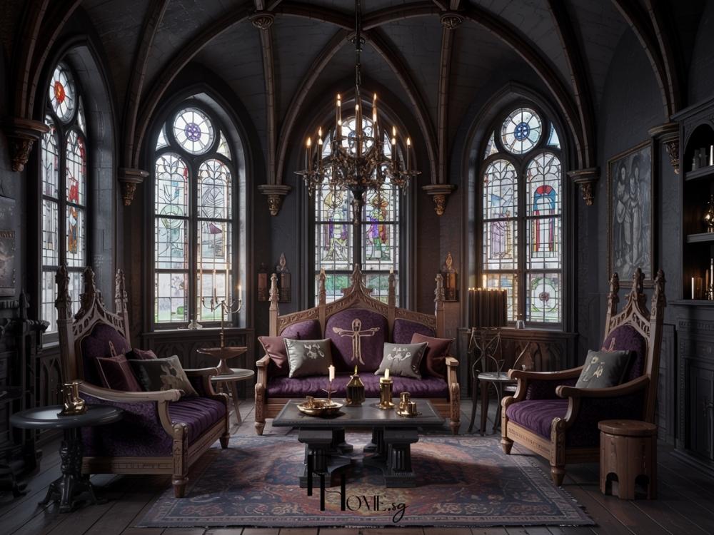 Phòng khách phong cách Gothic mang vẻ đẹp huyền bí và tráng lệ với trần cao, gam màu trầm sâu và nội thất gỗ tối màu