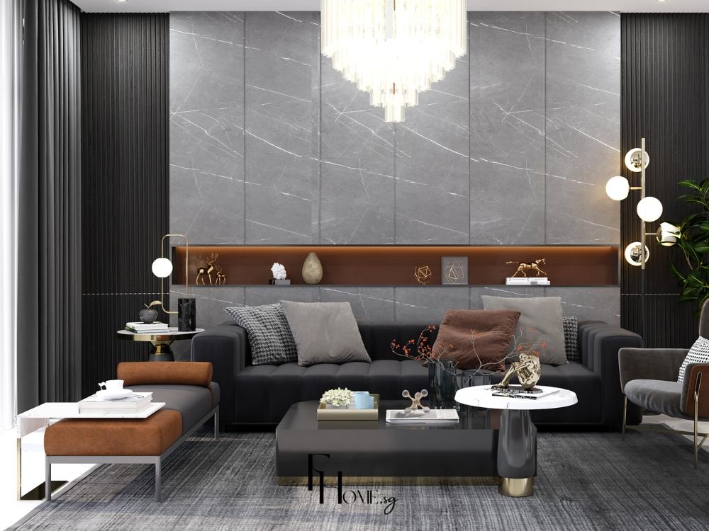 Phòng khách phong cách Hiện đại với sofa da màu trung tính, vách kính lớn và ánh sáng tự nhiên chan hòa