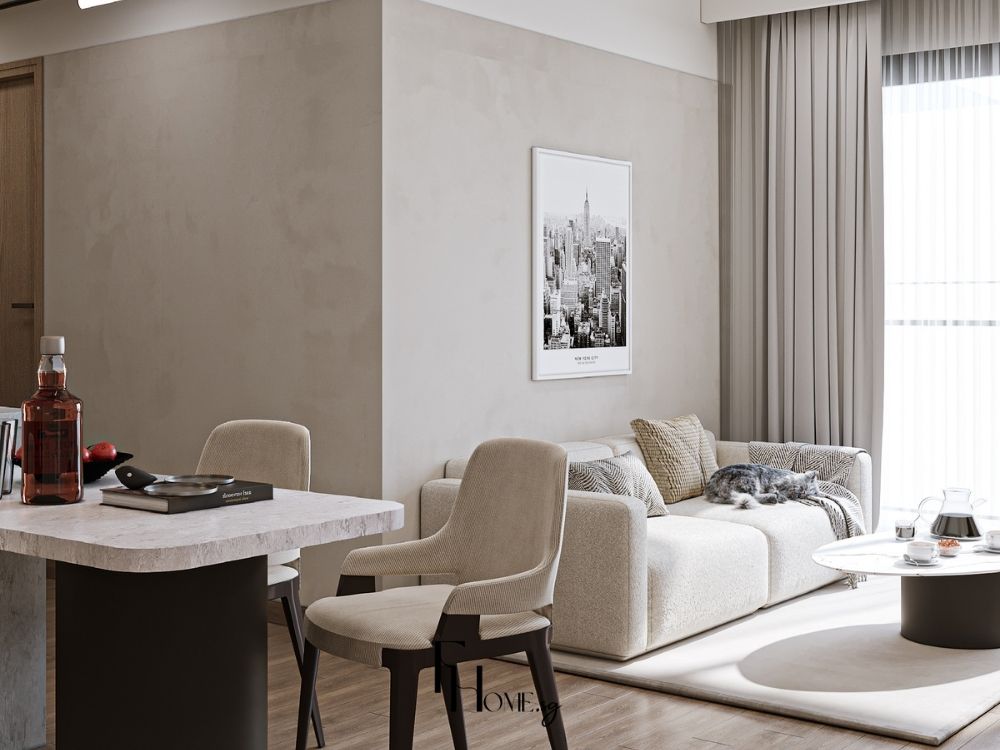 Phòng khách phong cách Hiện đại với sofa thiết kế tinh tế, bàn cà phê trơn nhẵn