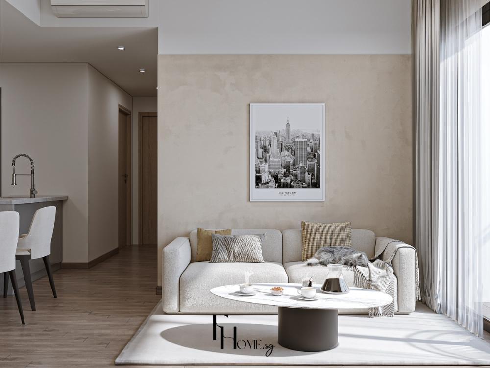 Phòng khách phong cách Hiện đại với tông màu vàng nhạt và sàn gỗ ấm cúng