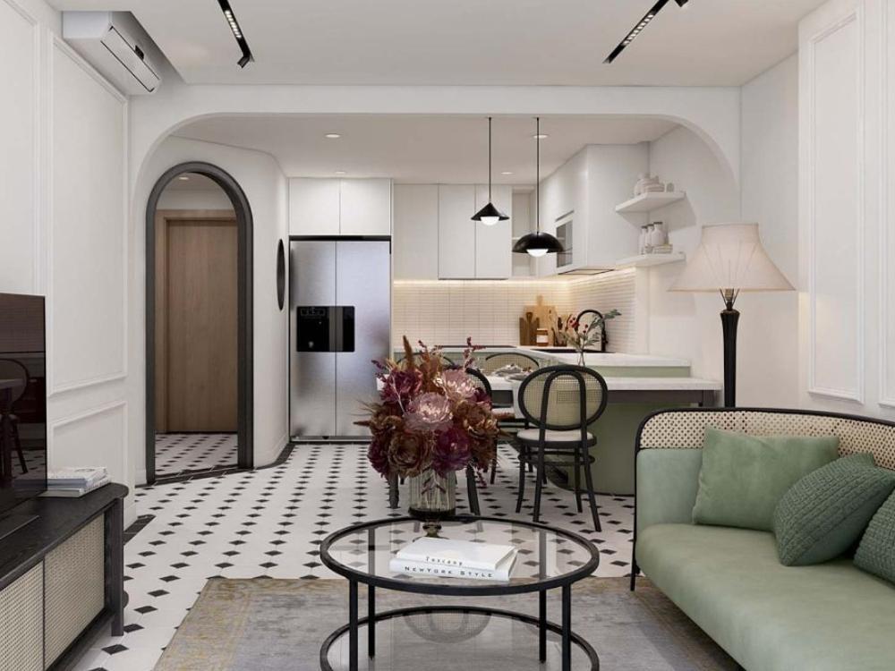 Phòng khách phong cách Indochine liên thông phòng bếp