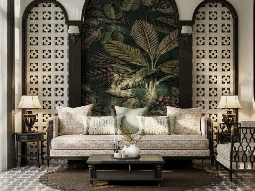 Phòng khách phong cách Indochine, thiết kế với gỗ tự nhiên, đồ thủ công mỹ nghệ và họa tiết truyền thống