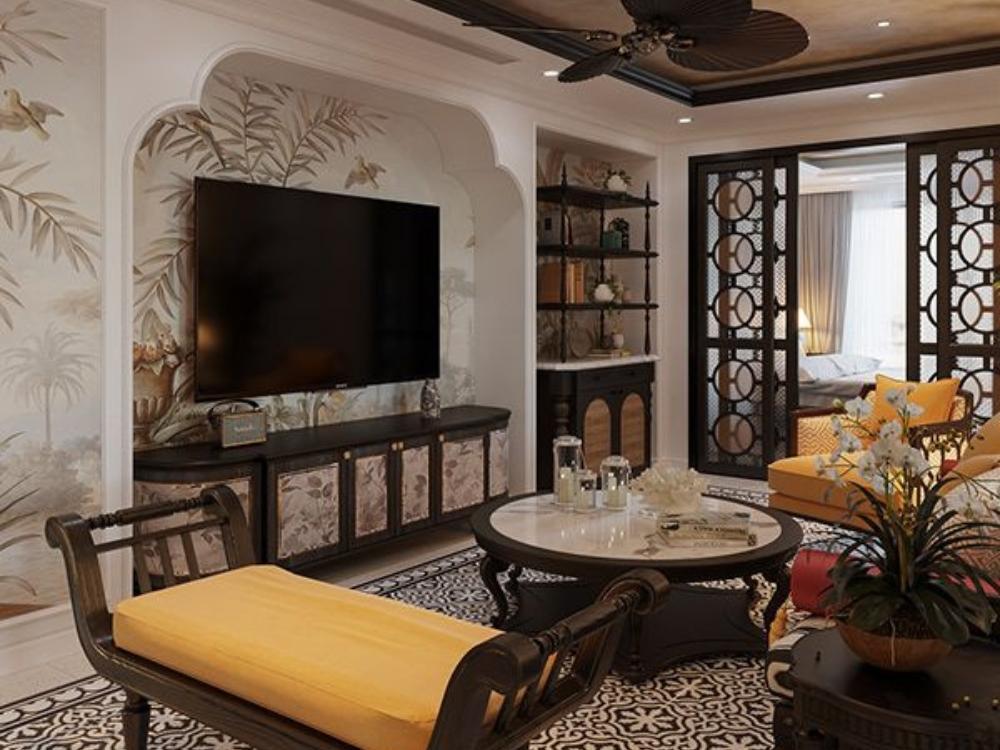 Phòng khách phong cách Indochine với sofa sang trọng, bàn gỗ quý