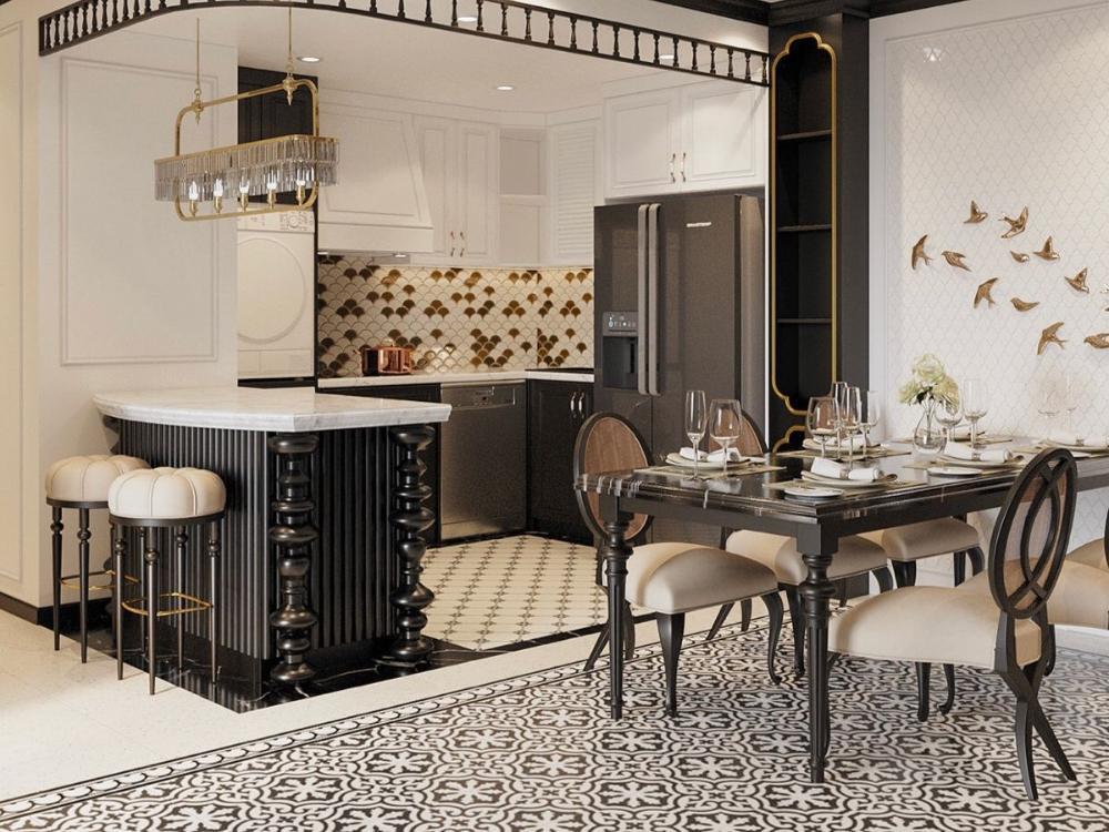 Phòng khách phong cách Indochine với tông mài vàng kem sang trọng