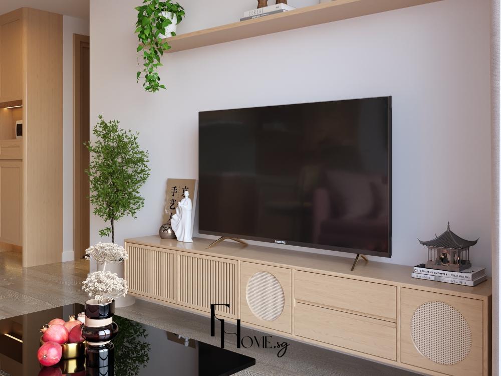 Phòng khách phong cách Japandi kết hợp nét mộc mạc và tối giản, sử dụng nội thất gỗ và vật liệu tự nhiên