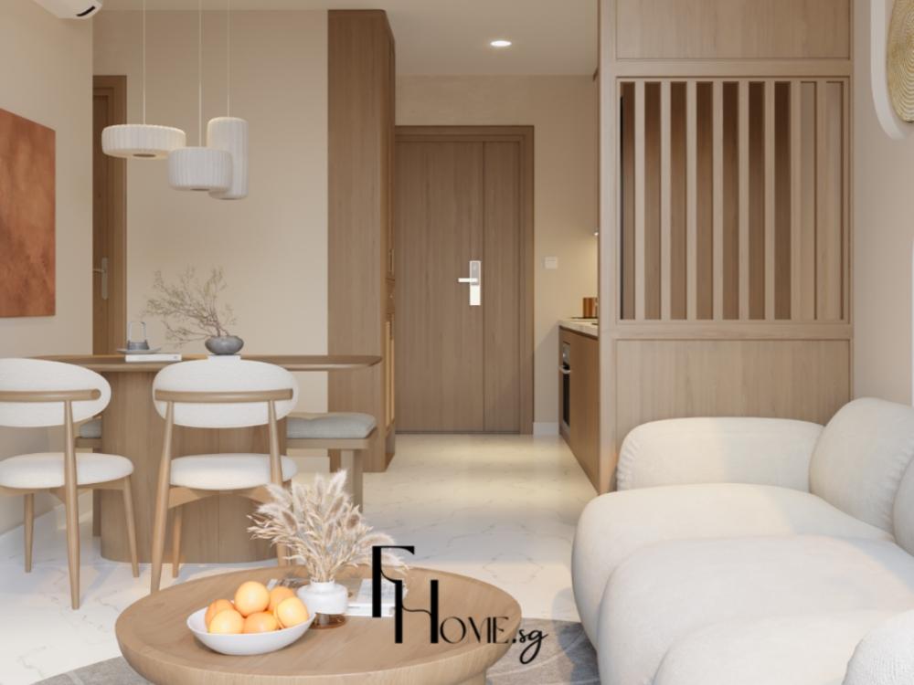 Phòng khach phong cách Wabi Sabi liên thông phòng bếp